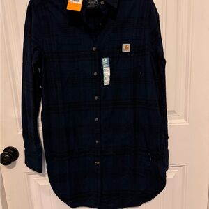 Carhartt Women’s Rugged Flex Midweight Flannel Dark Blue Plaid Tunic Sz M